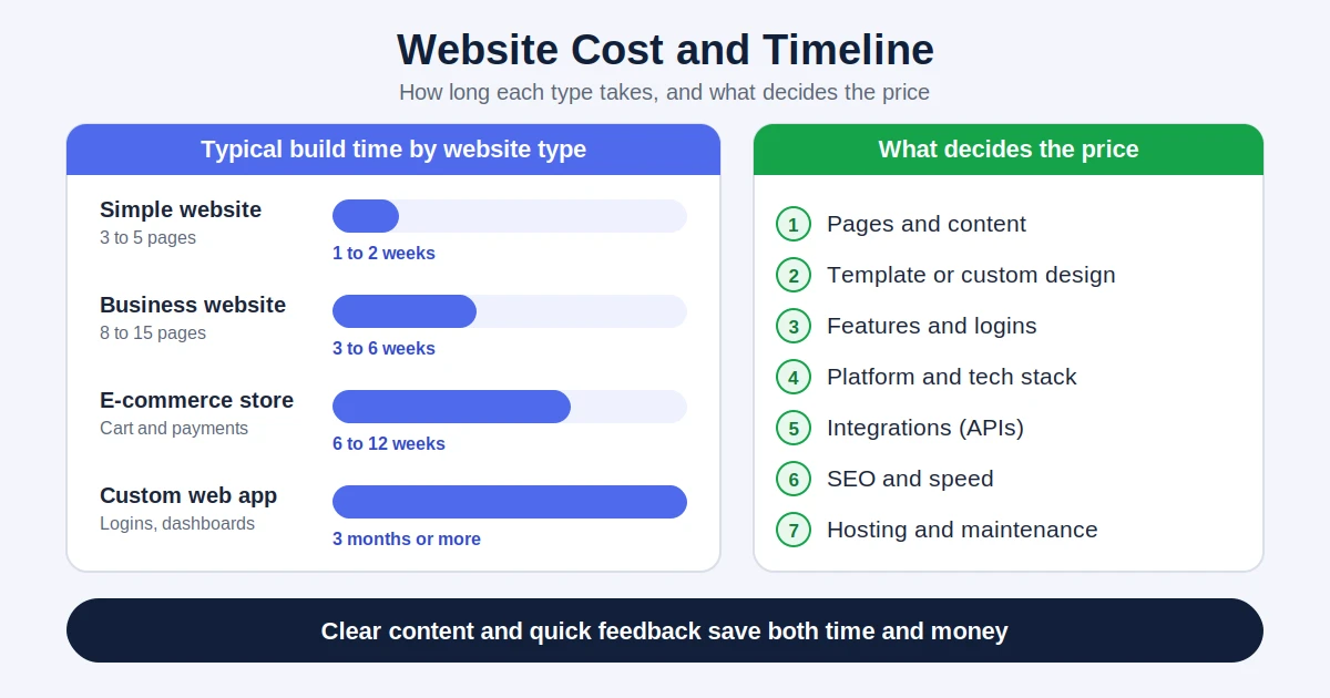 Website cost and timeline infographic showing build time by website type and price factors